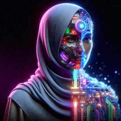 The primary subject of the image is a woman with a headpiece, possibly a hijab, and a futuristic, cyberpunk-inspired appearance. She is wearing a headpiece that has a mix of colors, including pink, purple, and green. The setting is a dark room, which adds to the overall mood of the image. The visual style is a combination of digital art and illustration, creating a unique and intriguing scene. The colors and mood of the image are
